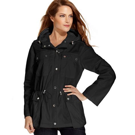 michael michael kors women's black hooded rain coat coat|michael kors anorak raincoat.